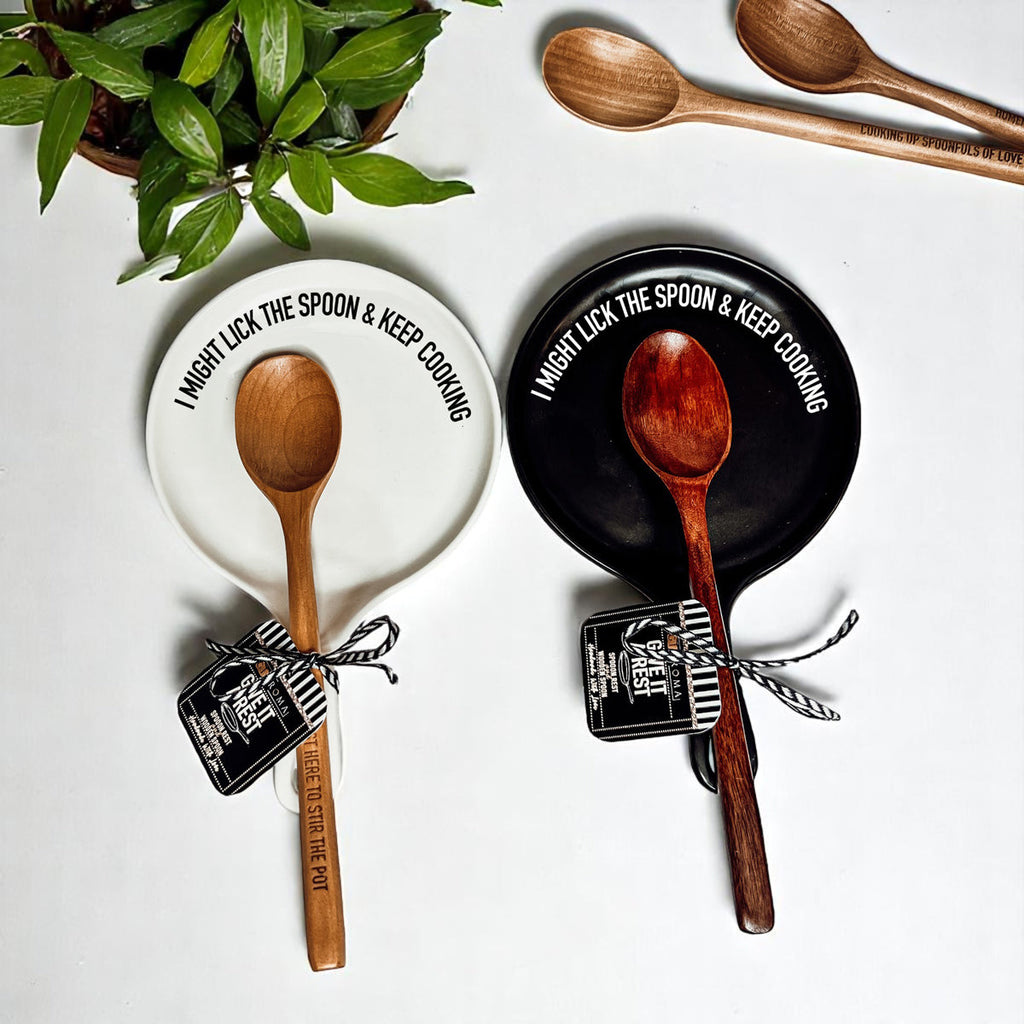 " I Might Lick the Spoon & Keep Cooking" Spoon Rest & Wooden Spoon — Select Your Color & Spoon