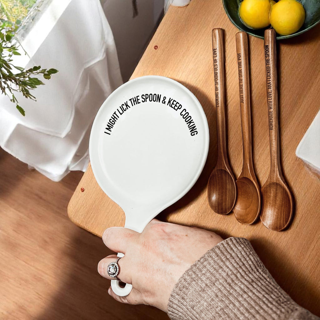 " I Might Lick the Spoon & Keep Cooking" Spoon Rest & Wooden Spoon — Select Your Color & Spoon