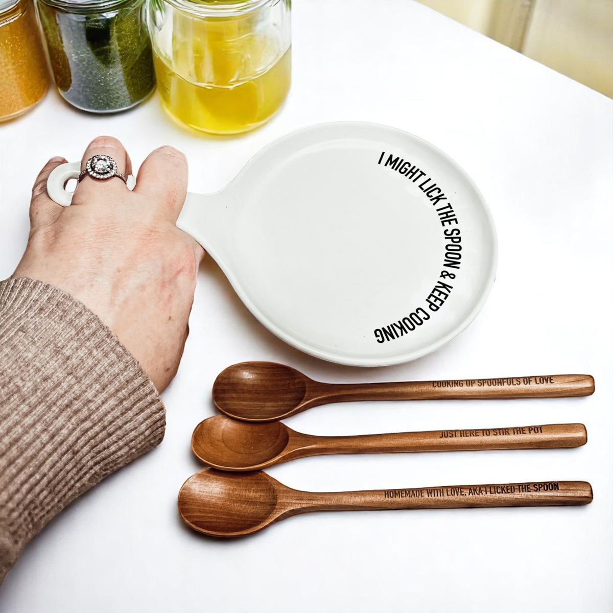 " I Might Lick the Spoon & Keep Cooking" Spoon Rest & Wooden Spoon — Select Your Color & Spoon
