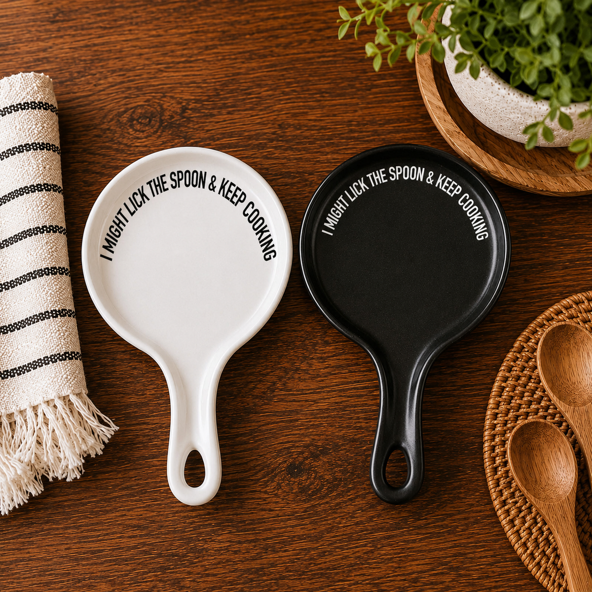 " I Might Lick the Spoon & Keep Cooking" Spoon Rest & Wooden Spoon — Select Your Color & Spoon