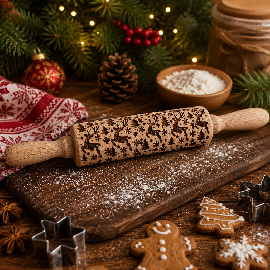 Handmade Wooden Embossed Christmas Rolling Pin Set — Select Your Style & Size