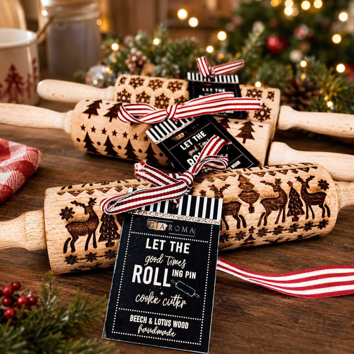 Handmade Wooden Embossed Christmas Rolling Pin Set — Select Your Style & Size