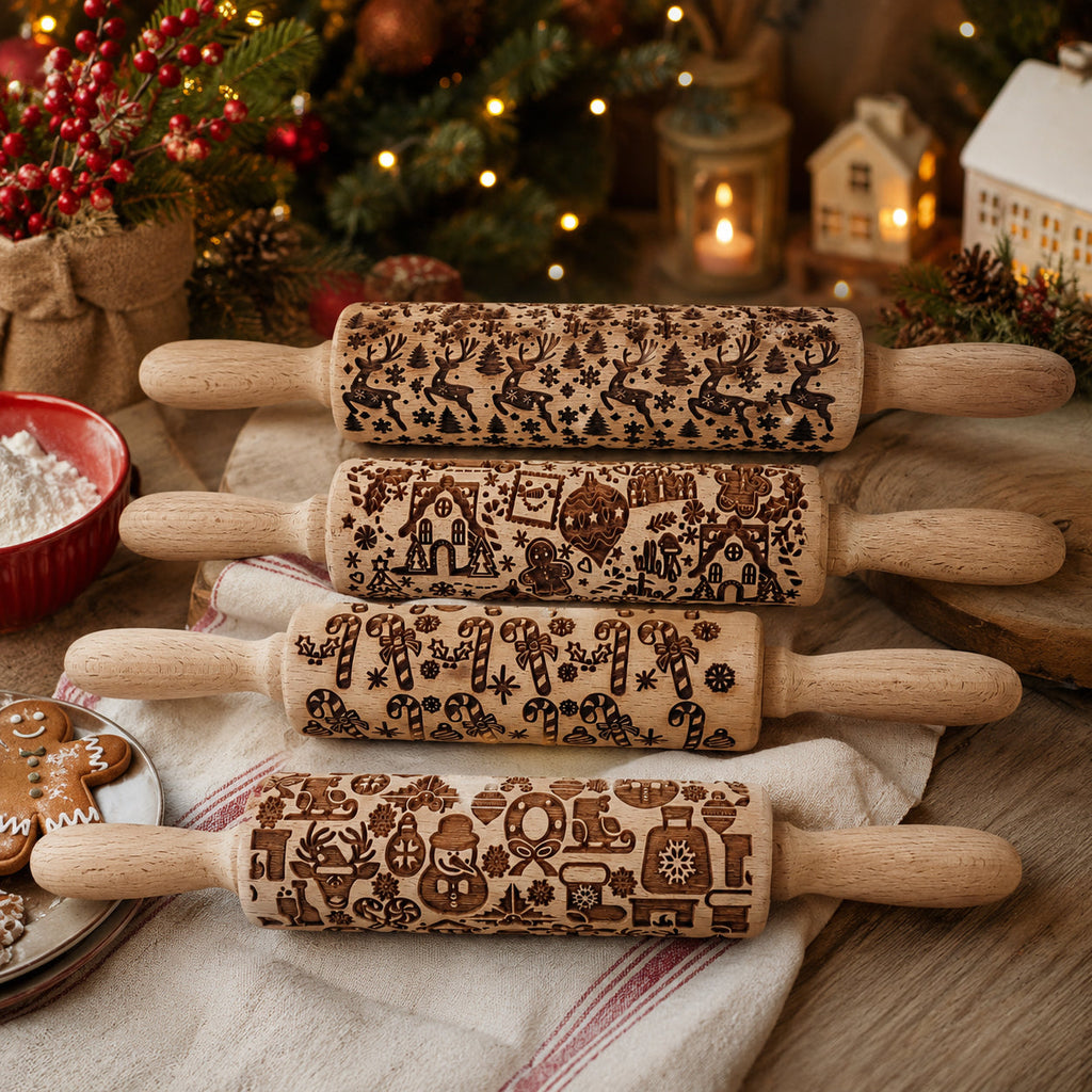 Handmade Wooden Embossed Christmas Rolling Pin Set — Select Your Style & Size