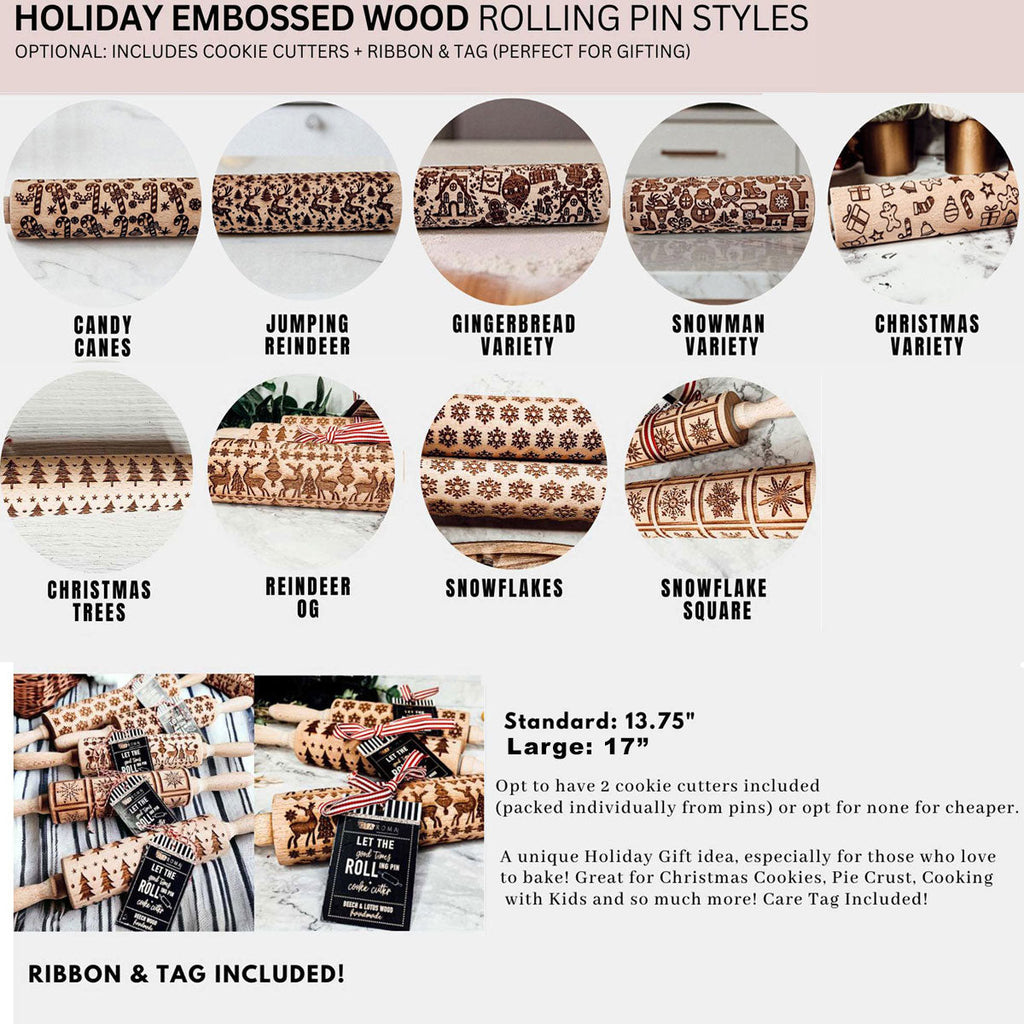 Handmade Wooden Embossed Christmas Rolling Pin Set — Select Your Style & Size
