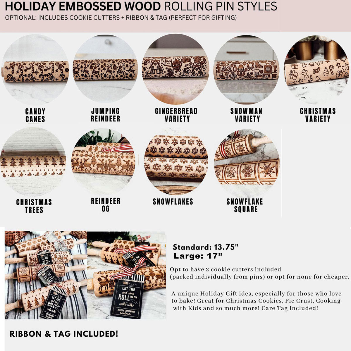 Handmade Wooden Embossed Christmas Rolling Pin Set — Select Your Style & Size