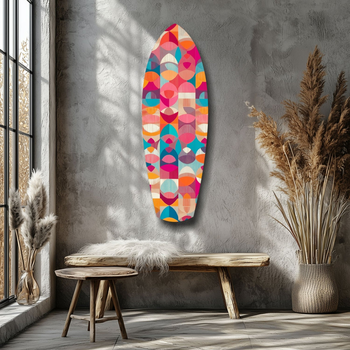 Pink Geometric Circles Surfboard Glass Wall Art