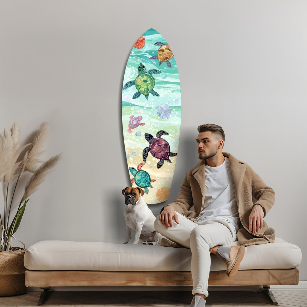 Surfboard Shaped Baby Turtles Glass Wall Art