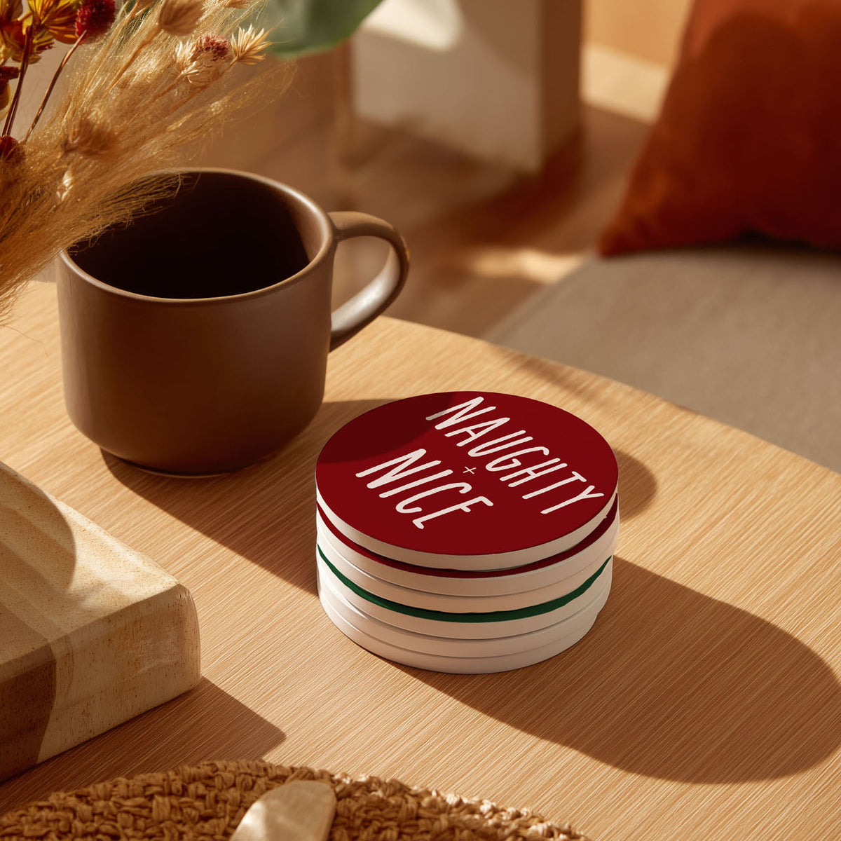 Minimalist Christmas Premium Ceramic Coasters with Cork Back — Select Your Pack & Color