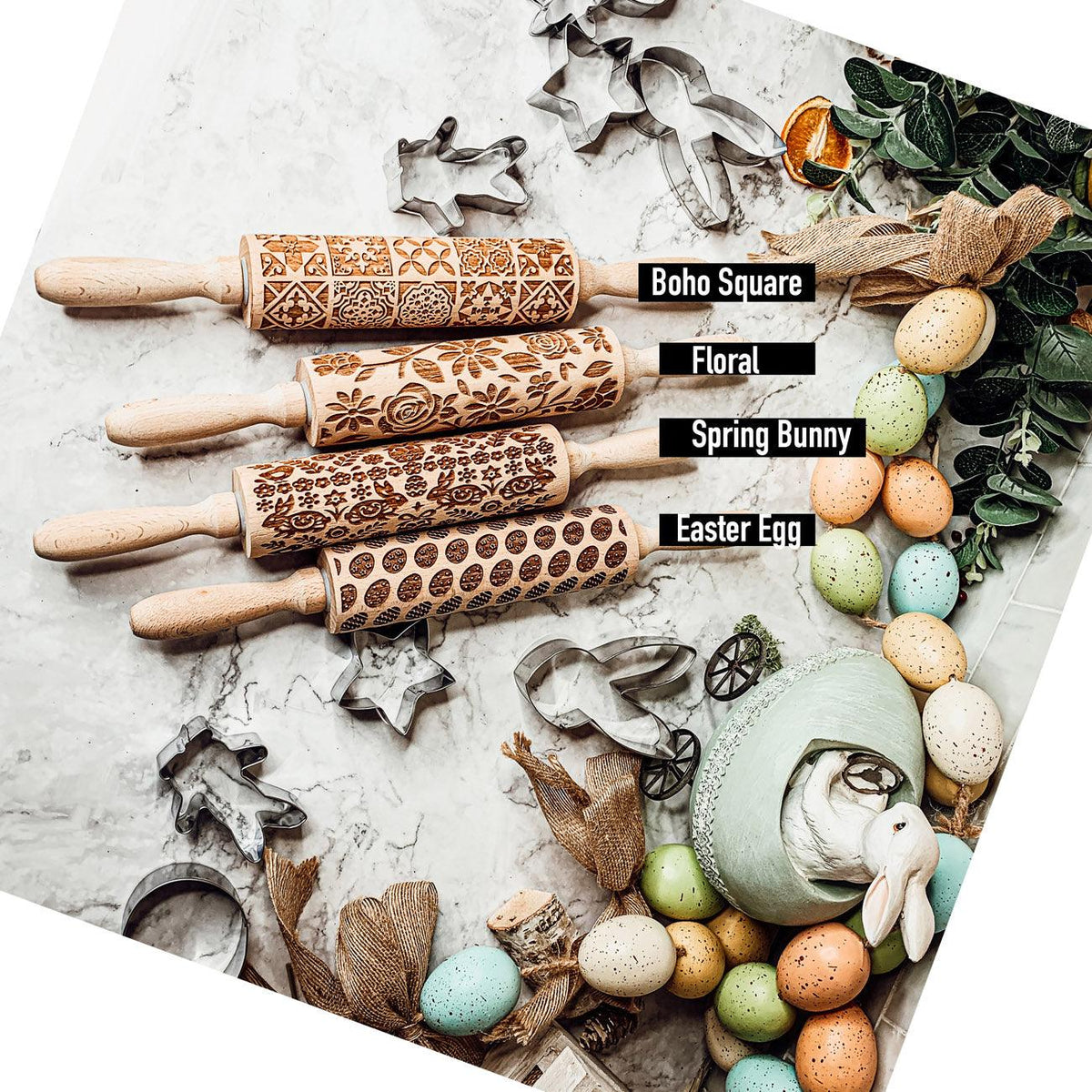 Easter + Spring Wooden Embossed Rolling Pin & Cookie Cutter Set  — Select Your Style & Size