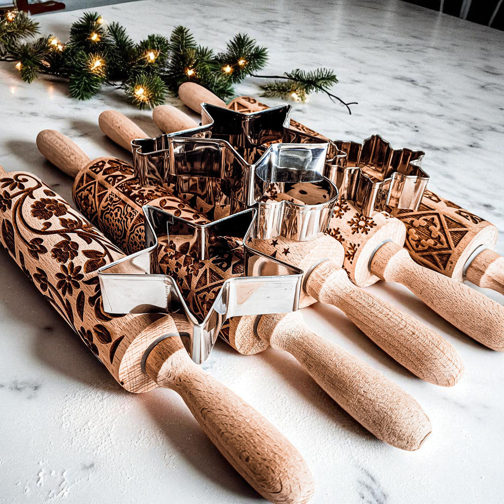 Handmade Wooden Embossed Christmas Rolling Pin Set — Select Your Style & Size