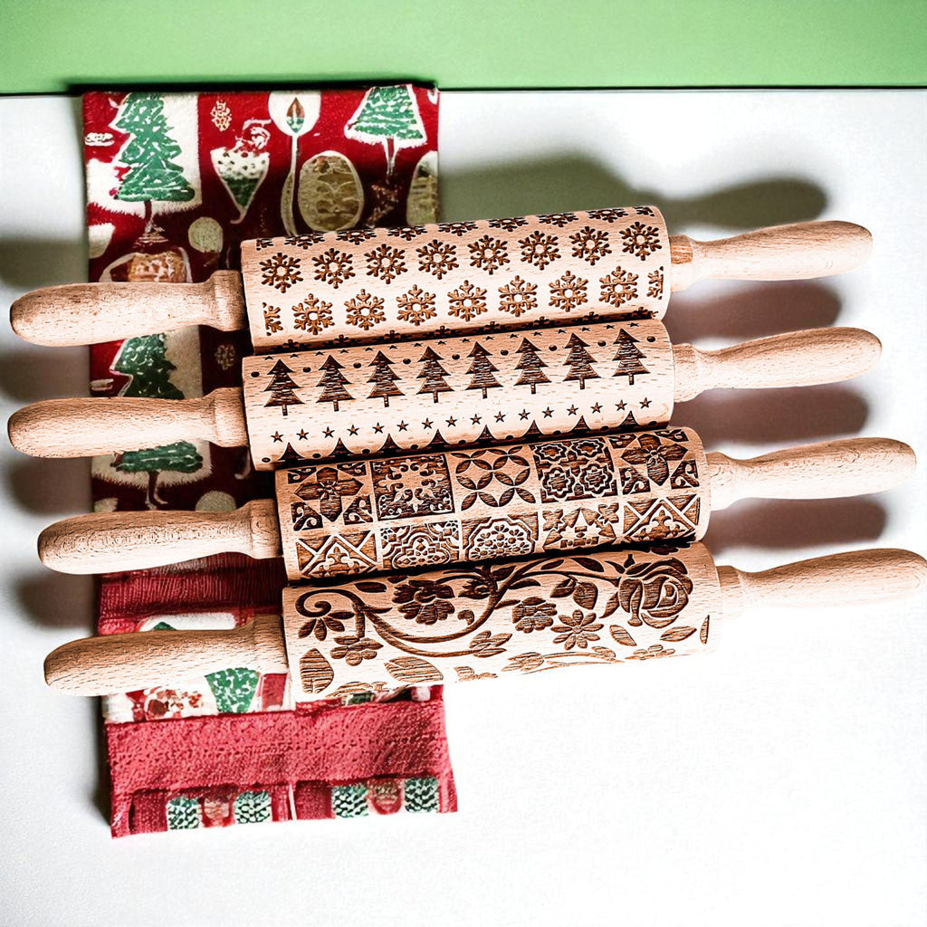 Handmade Wooden Embossed Christmas Rolling Pin Set — Select Your Style & Size