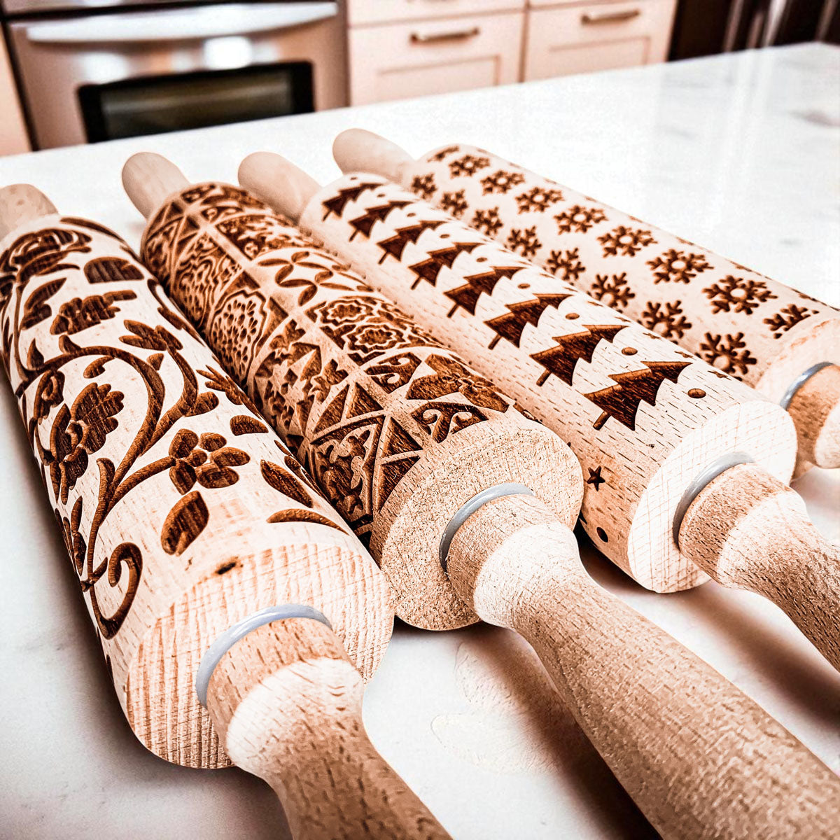 Handmade Wooden Embossed Christmas Rolling Pin Set — Select Your Style & Size