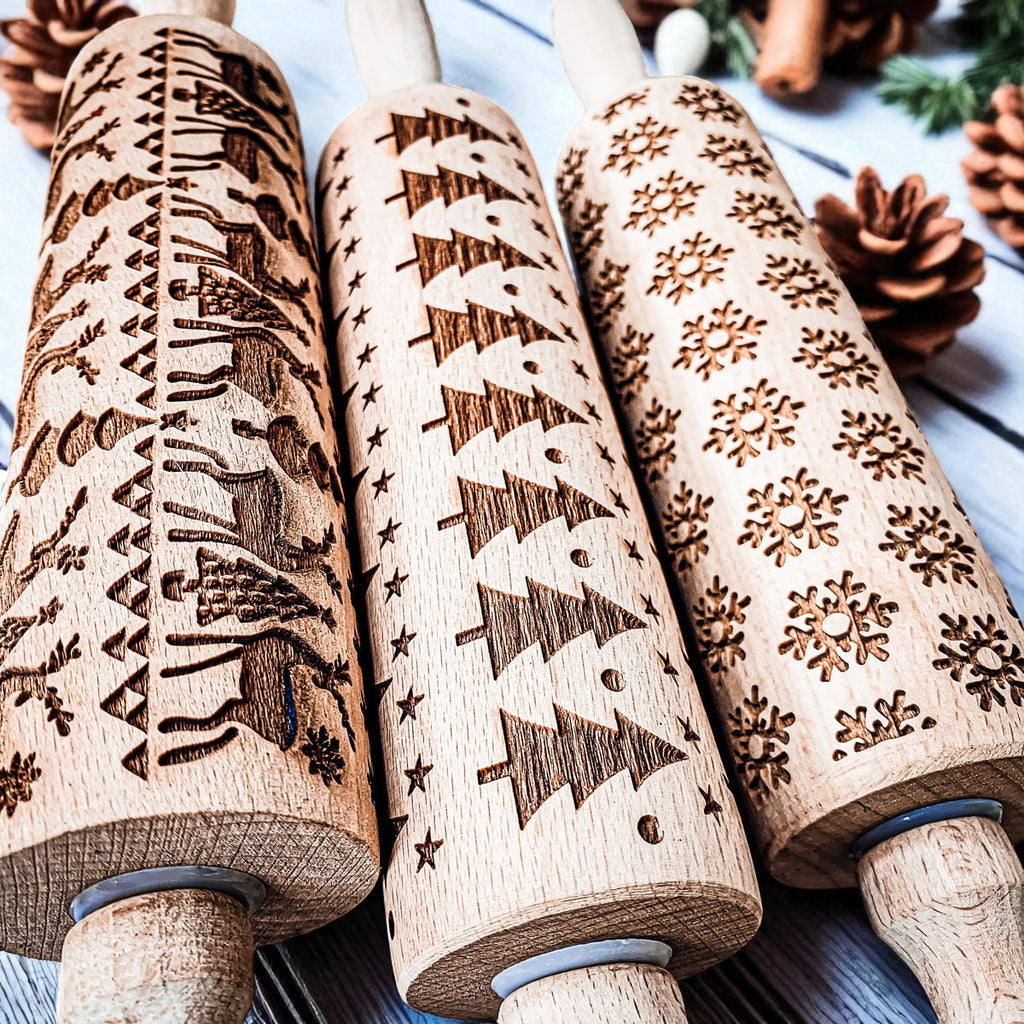 Handmade Wooden Embossed Christmas Rolling Pin Set — Select Your Style & Size
