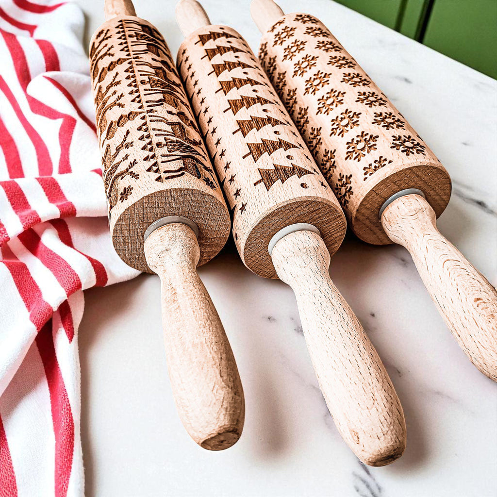 Handmade Wooden Embossed Christmas Rolling Pin Set — Select Your Style & Size