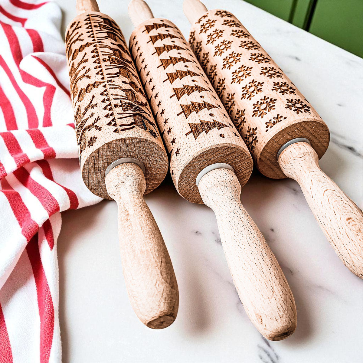 Handmade Wooden Embossed Christmas Rolling Pin Set — Select Your Style & Size