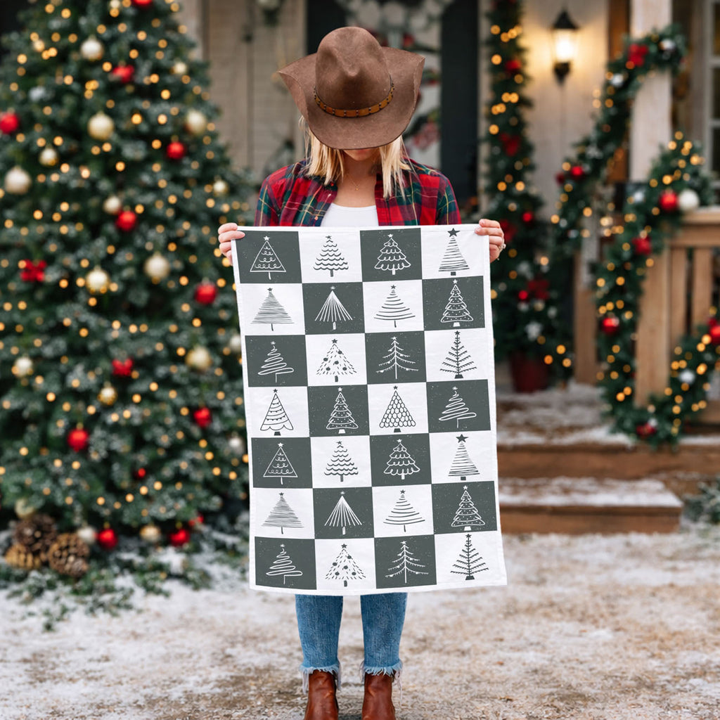 Hand-Drawn Christmas Tree Block Pattern Kitchen Towel