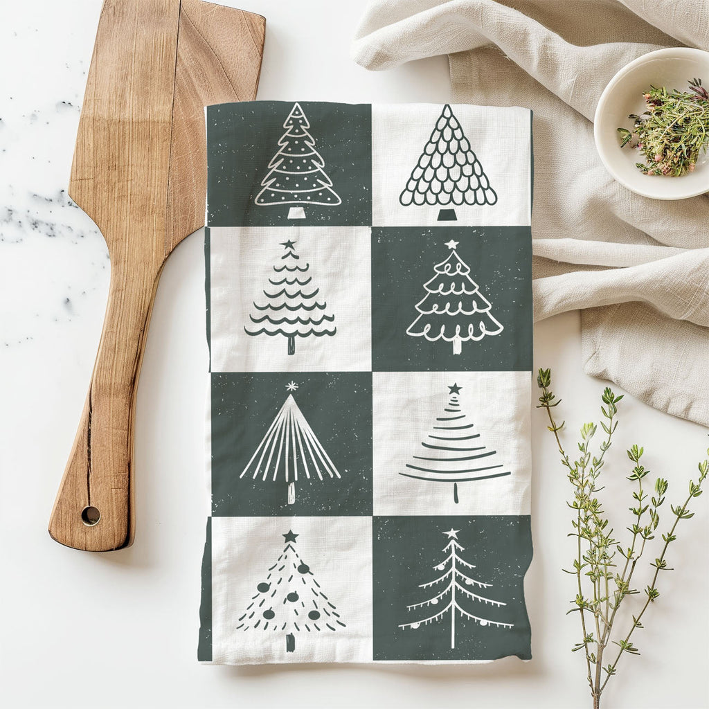 Hand-Drawn Christmas Tree Block Pattern Kitchen Towel