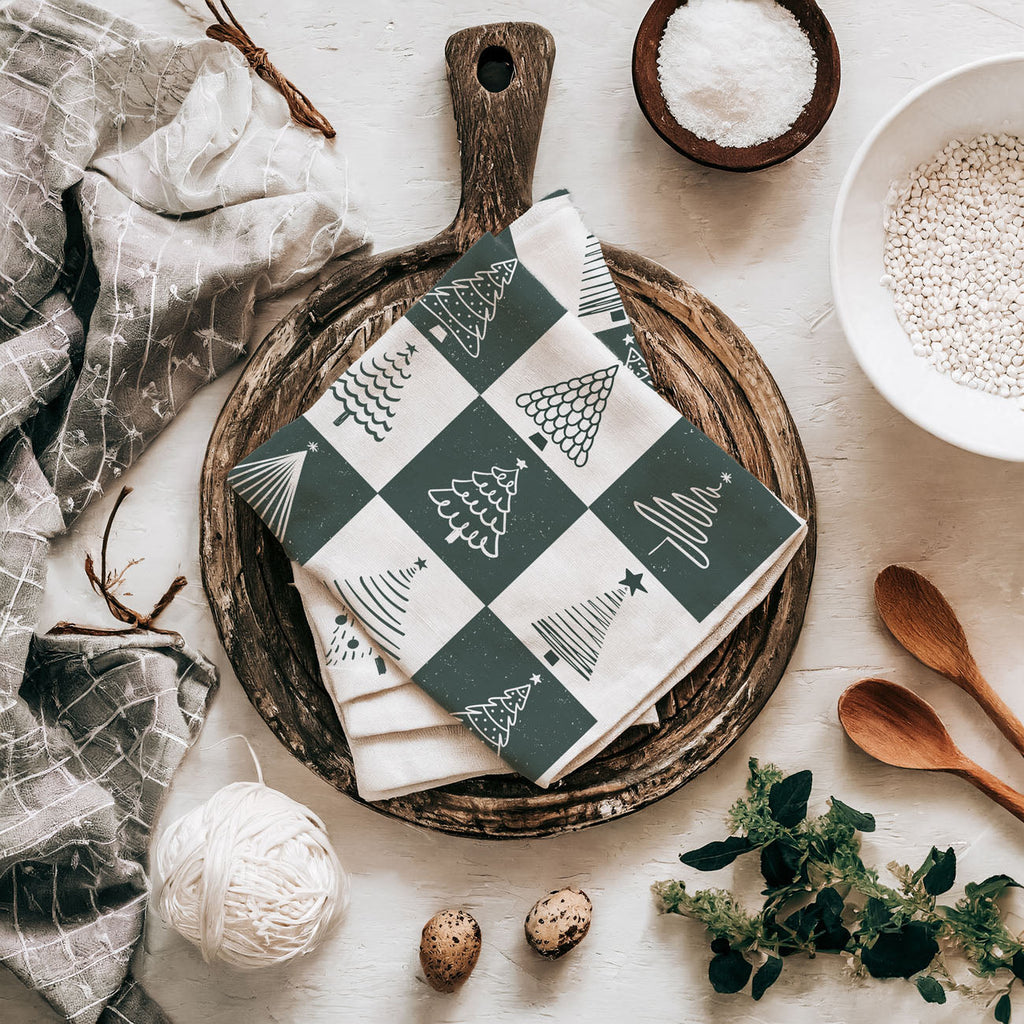 Hand-Drawn Christmas Tree Block Pattern Kitchen Towel