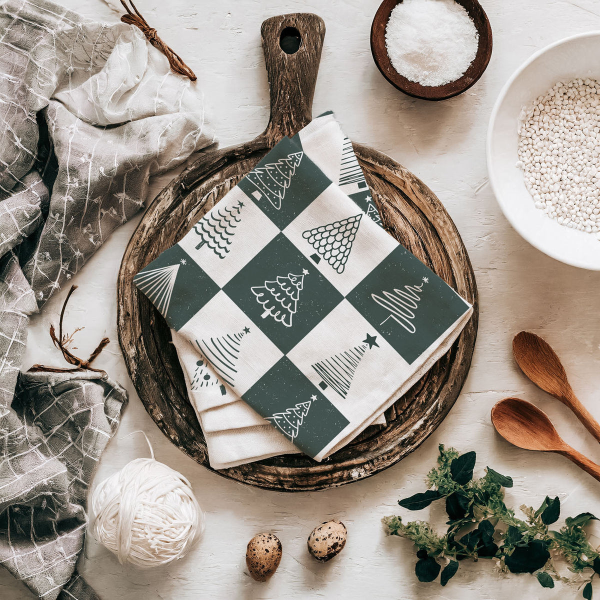 Hand-Drawn Christmas Tree Block Pattern Kitchen Towel