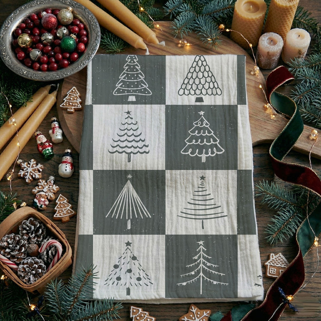 Hand-Drawn Christmas Tree Block Pattern Kitchen Towel