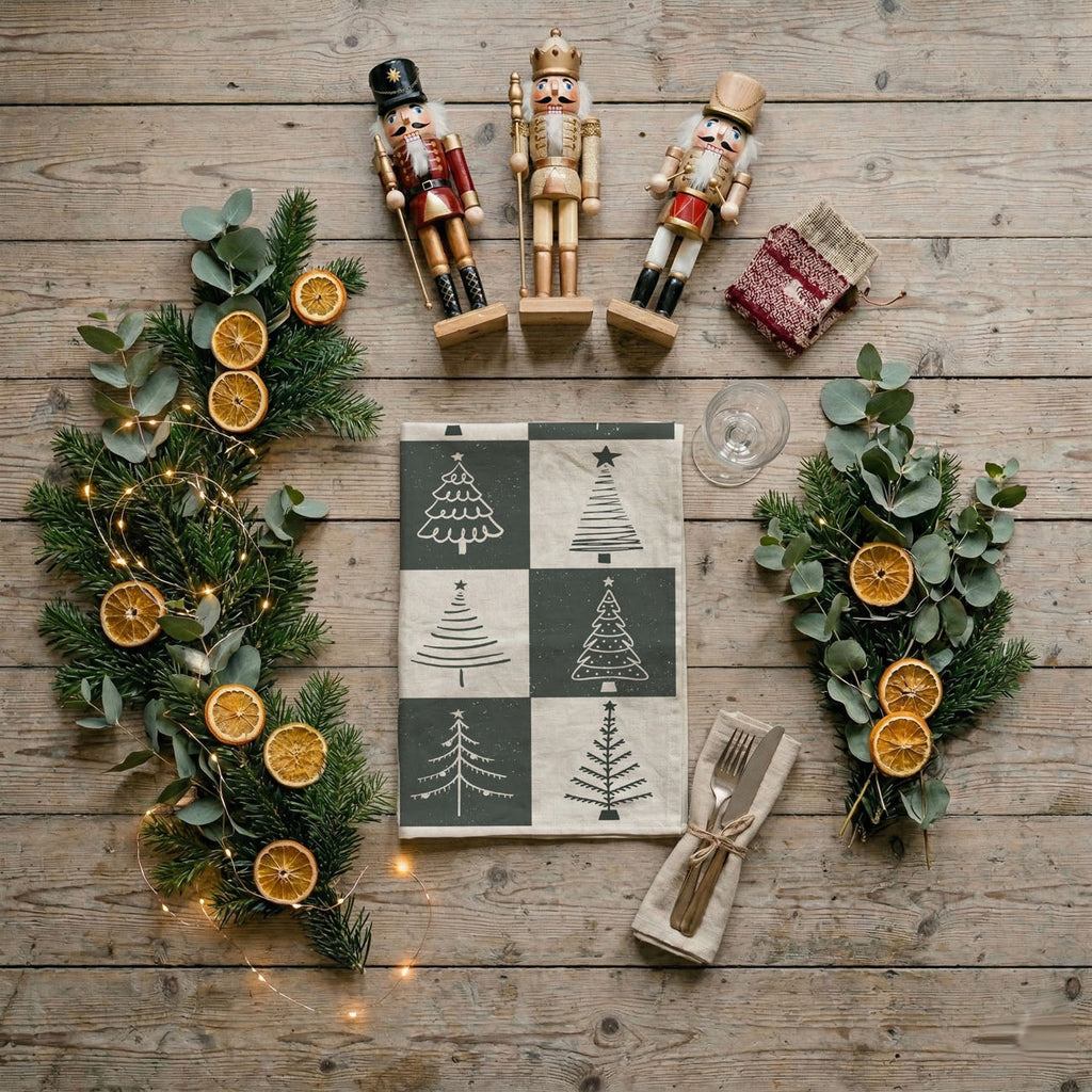Hand-Drawn Christmas Tree Block Pattern Kitchen Towel