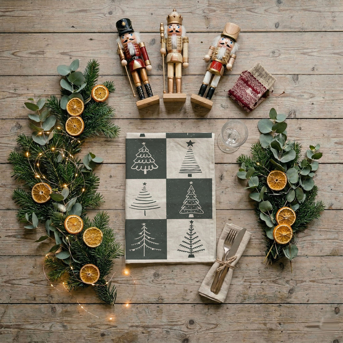 Hand-Drawn Christmas Tree Block Pattern Kitchen Towel