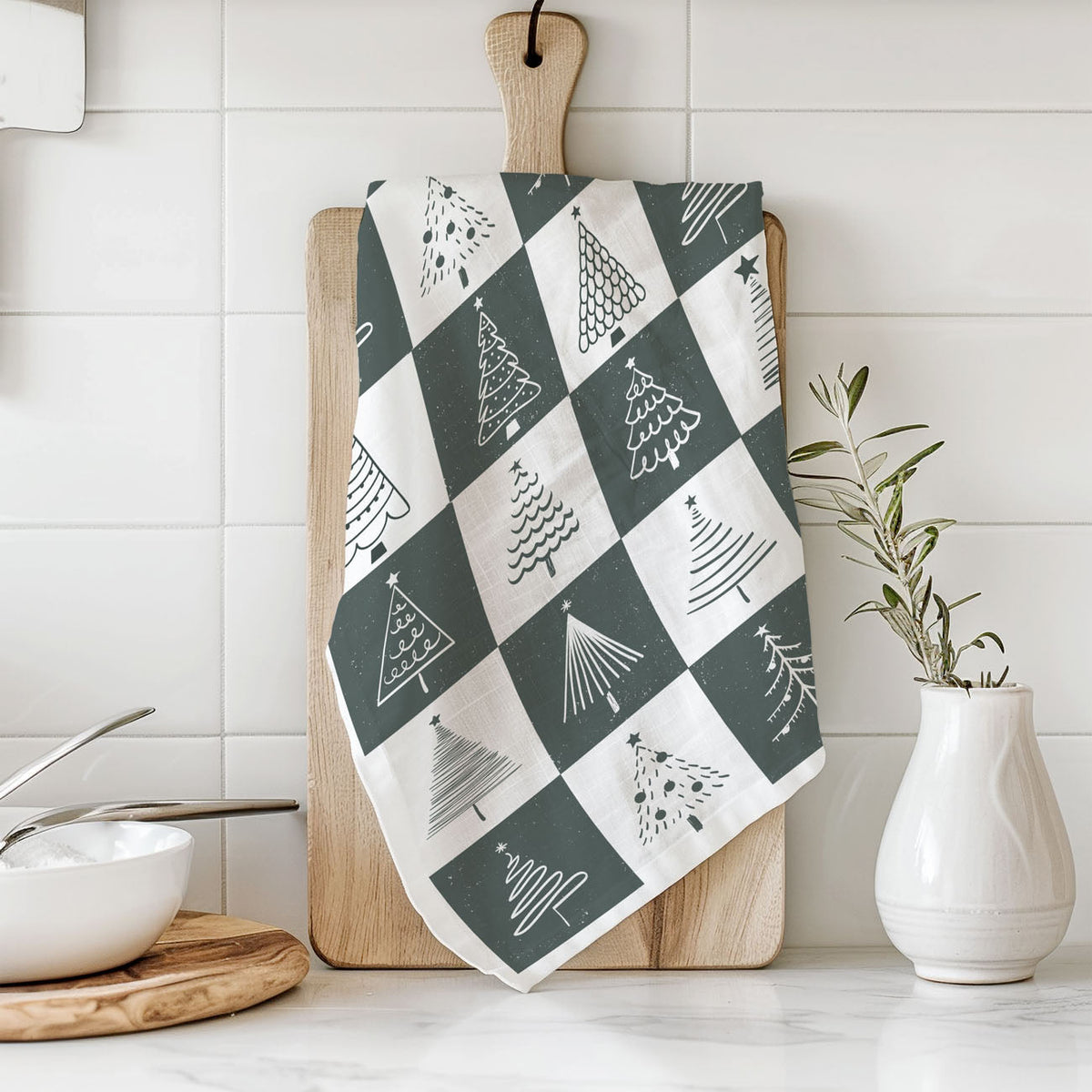 Hand-Drawn Christmas Tree Block Pattern Kitchen Towel