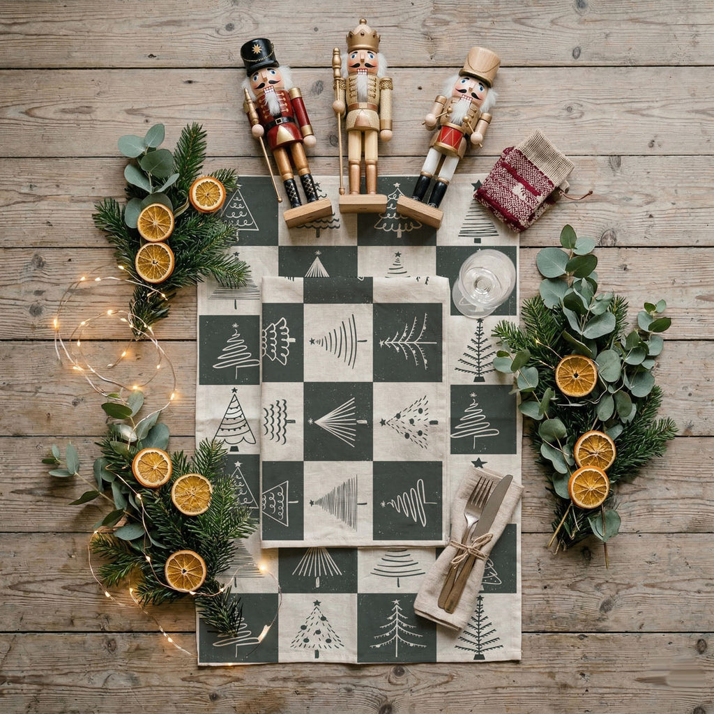 Hand-Drawn Christmas Tree Block Pattern Kitchen Towel