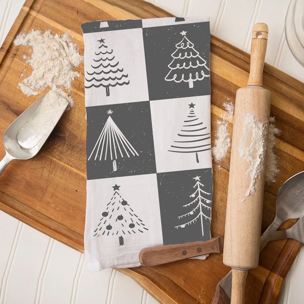 Hand-Drawn Christmas Tree Block Pattern Kitchen Towel