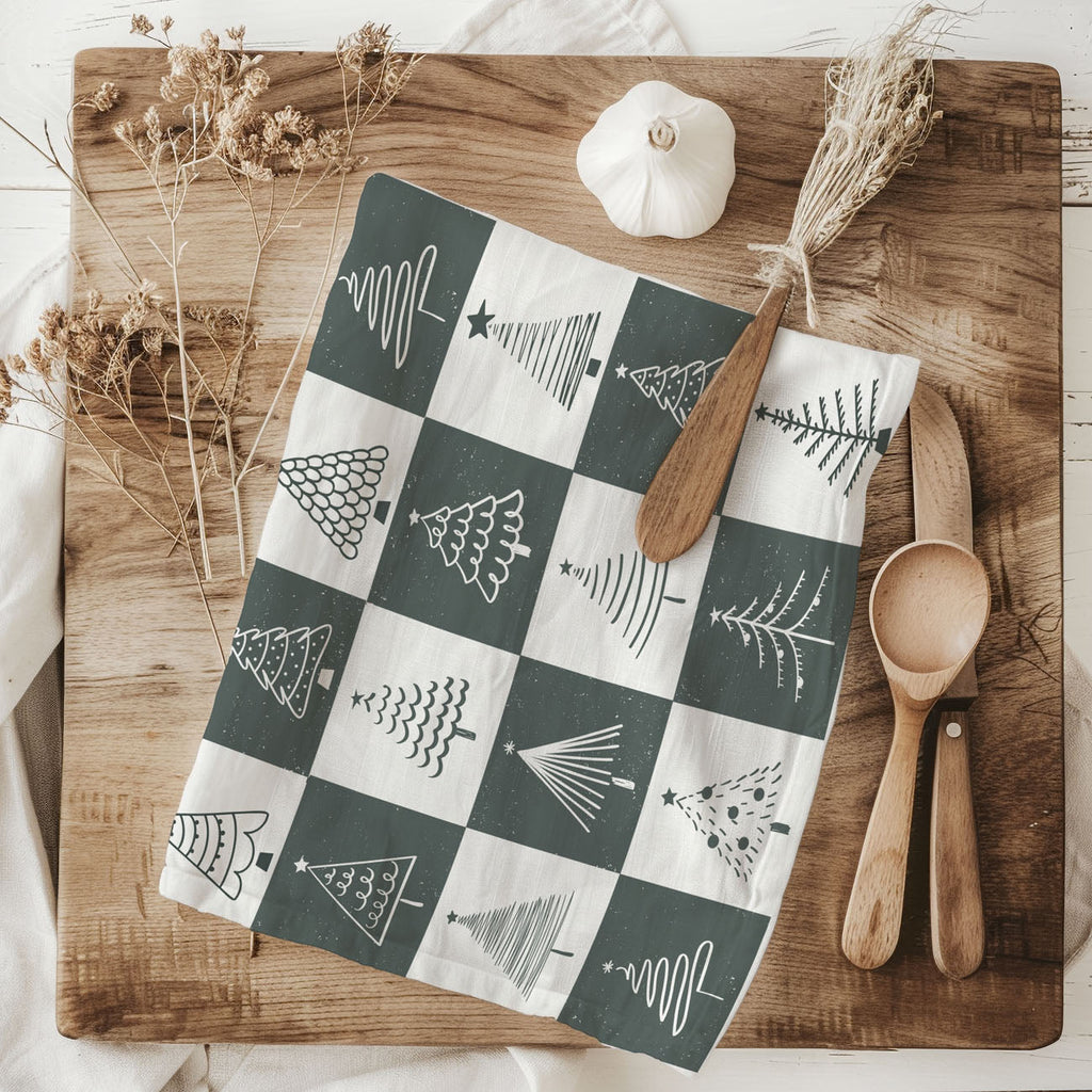 Hand-Drawn Christmas Tree Block Pattern Kitchen Towel