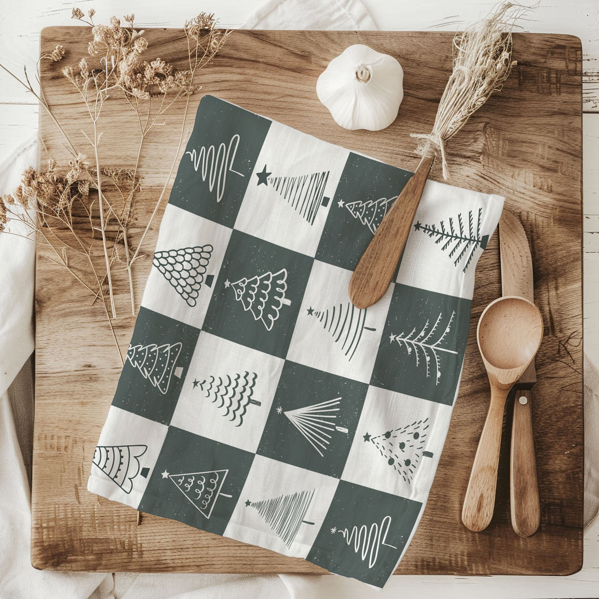 Hand-Drawn Christmas Tree Block Pattern Kitchen Towel