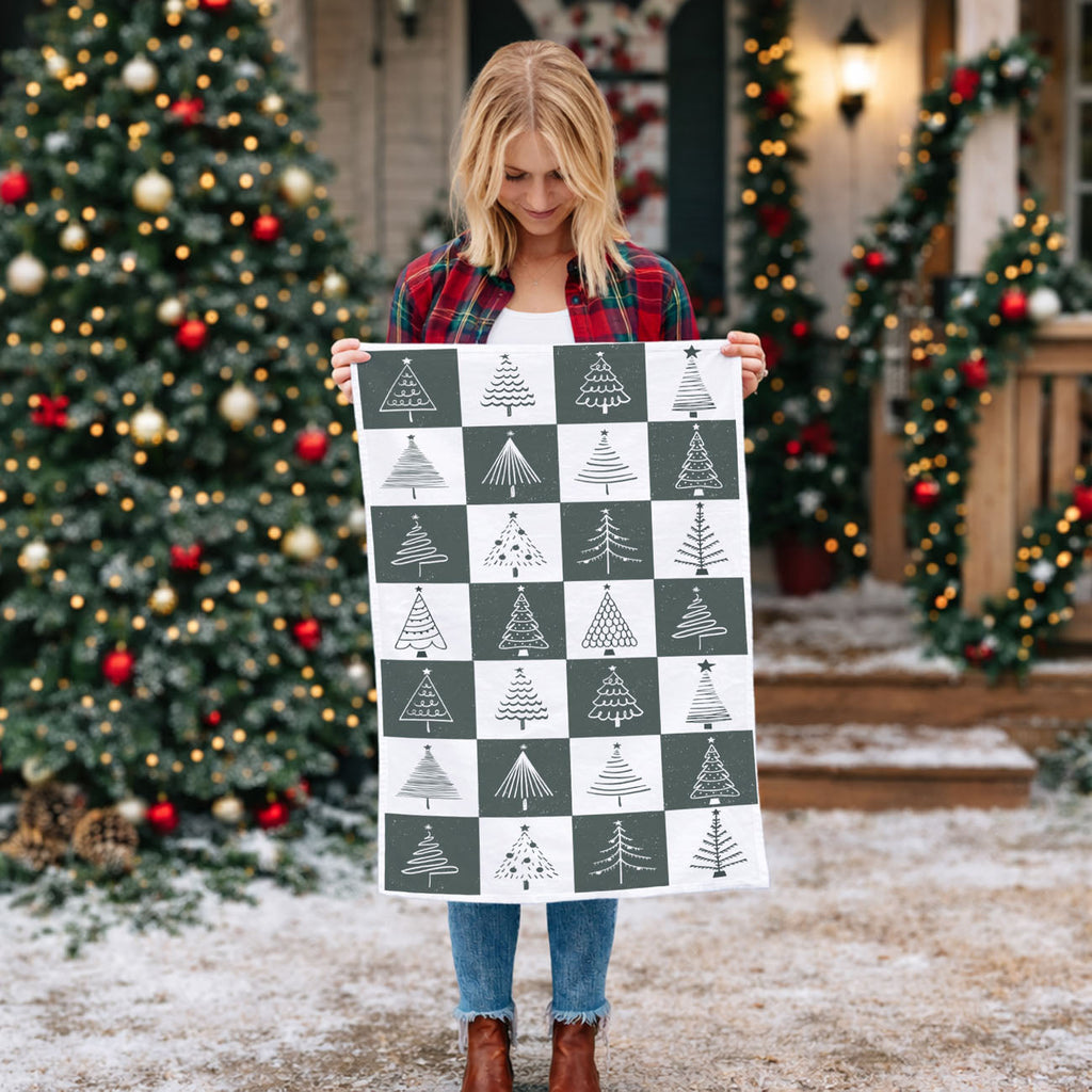 Hand-Drawn Christmas Tree Block Pattern Kitchen Towel