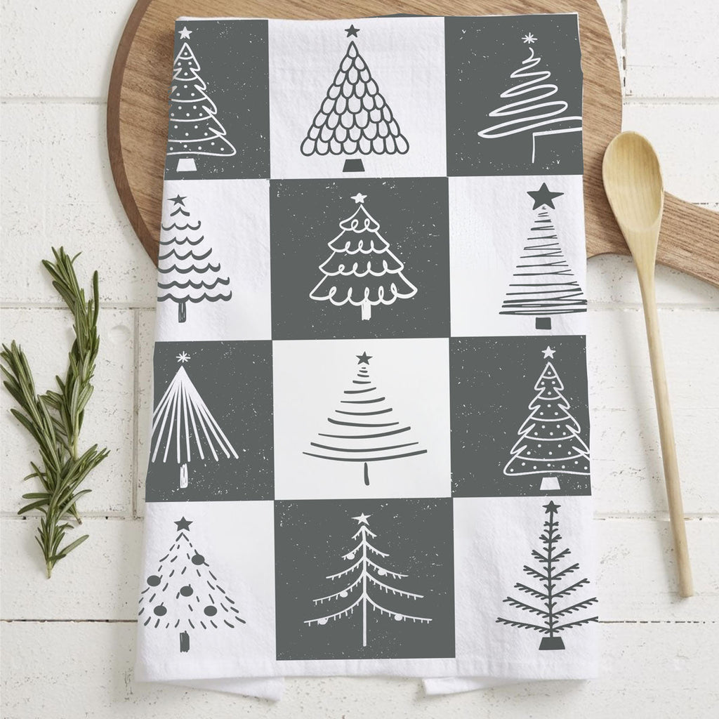 Hand-Drawn Christmas Tree Block Pattern Kitchen Towel