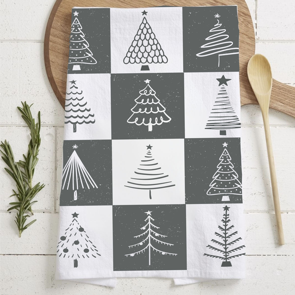 Hand-Drawn Christmas Tree Block Pattern Kitchen Towel