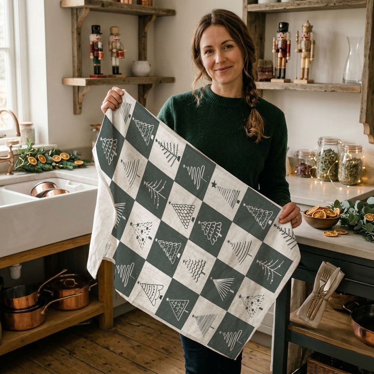 Hand-Drawn Christmas Tree Block Pattern Kitchen Towel