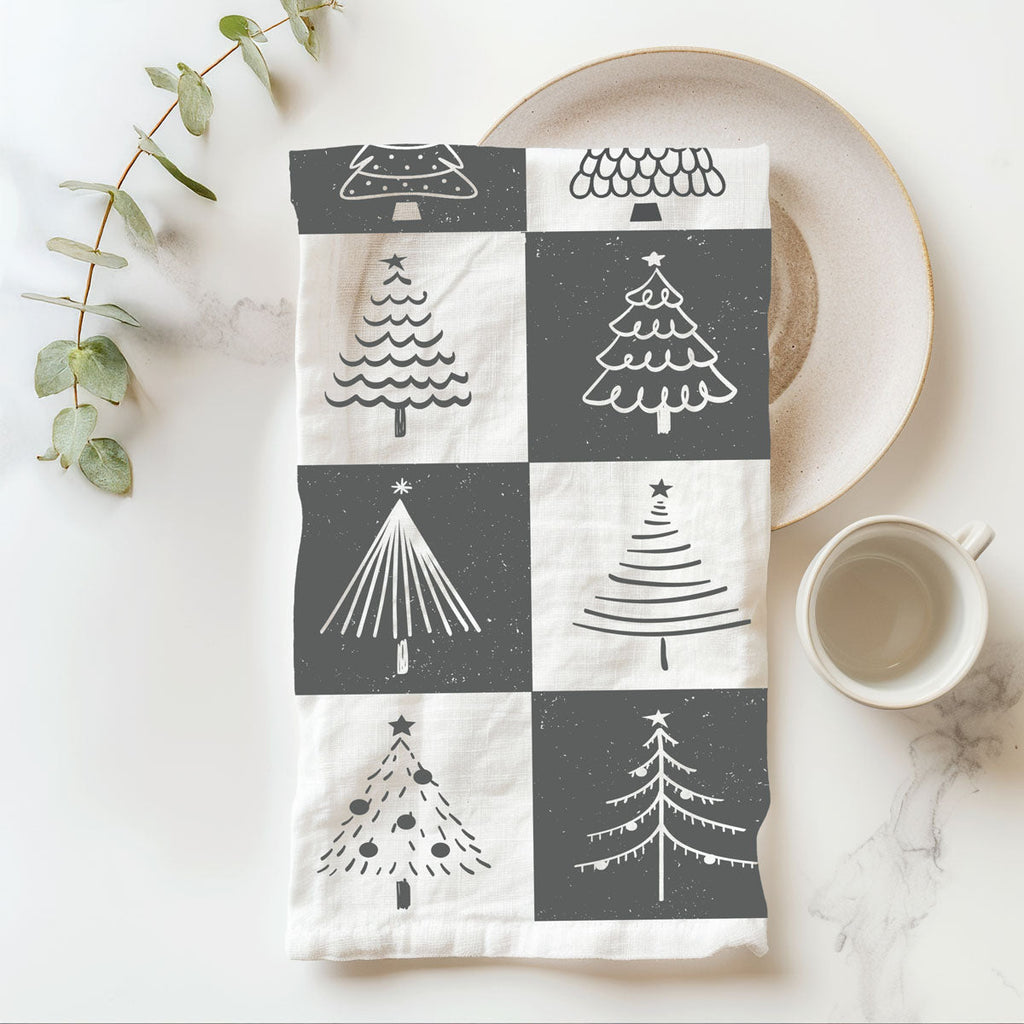 Hand-Drawn Christmas Tree Block Pattern Kitchen Towel
