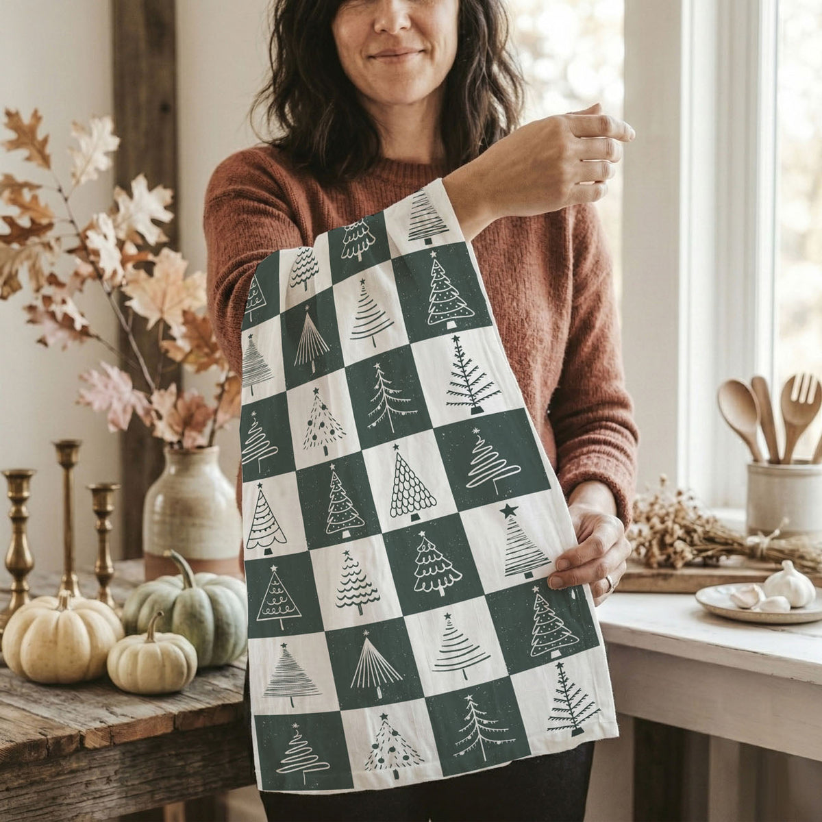 Hand-Drawn Christmas Tree Block Pattern Kitchen Towel
