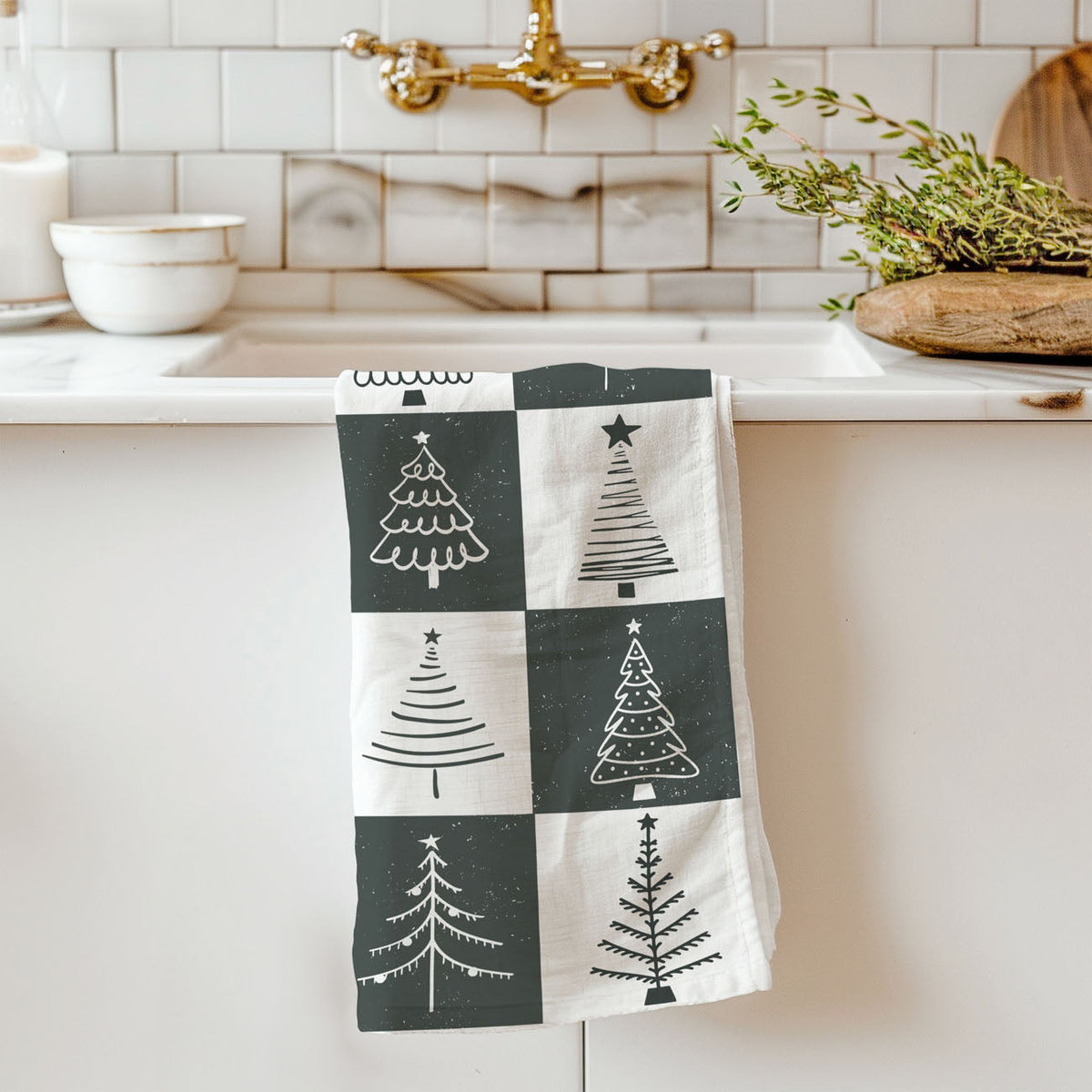 Hand-Drawn Christmas Tree Block Pattern Kitchen Towel