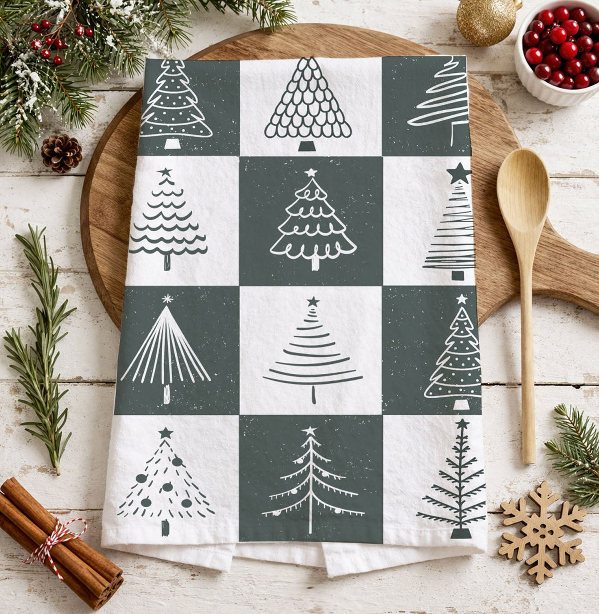 Hand-Drawn Christmas Tree Block Pattern Kitchen Towel
