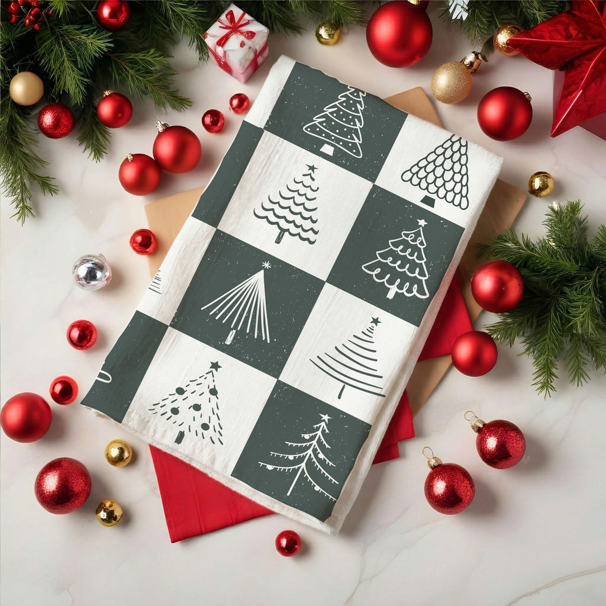 Hand-Drawn Christmas Tree Block Pattern Kitchen Towel