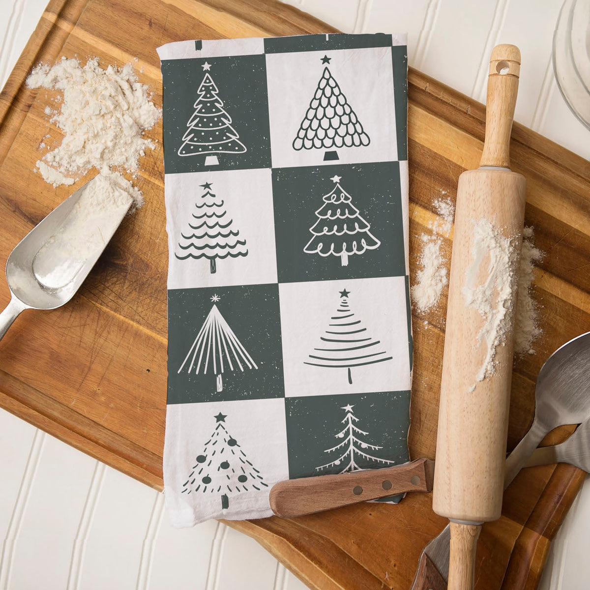 Hand-Drawn Christmas Tree Block Pattern Kitchen Towel