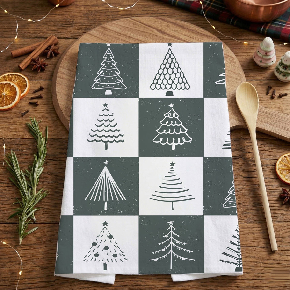 Hand-Drawn Christmas Tree Block Pattern Kitchen Towel