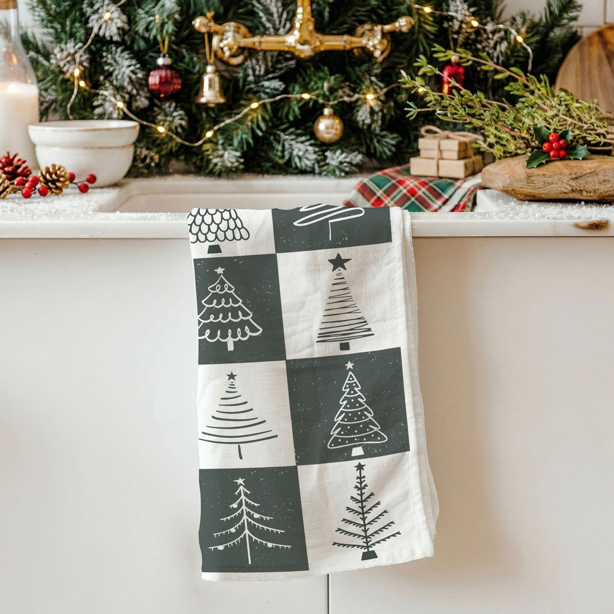 Hand-Drawn Christmas Tree Block Pattern Kitchen Towel