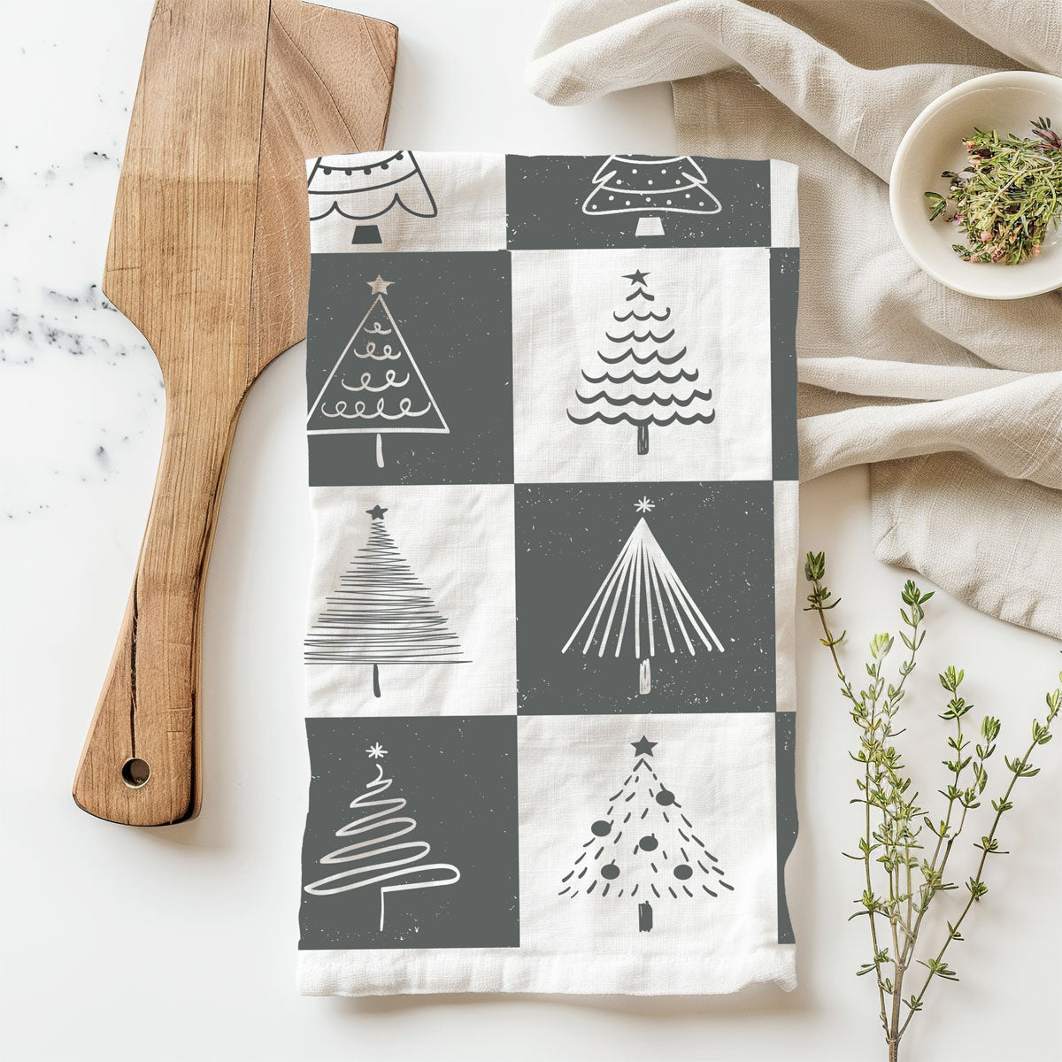 Hand-Drawn Christmas Tree Block Pattern Kitchen Towel