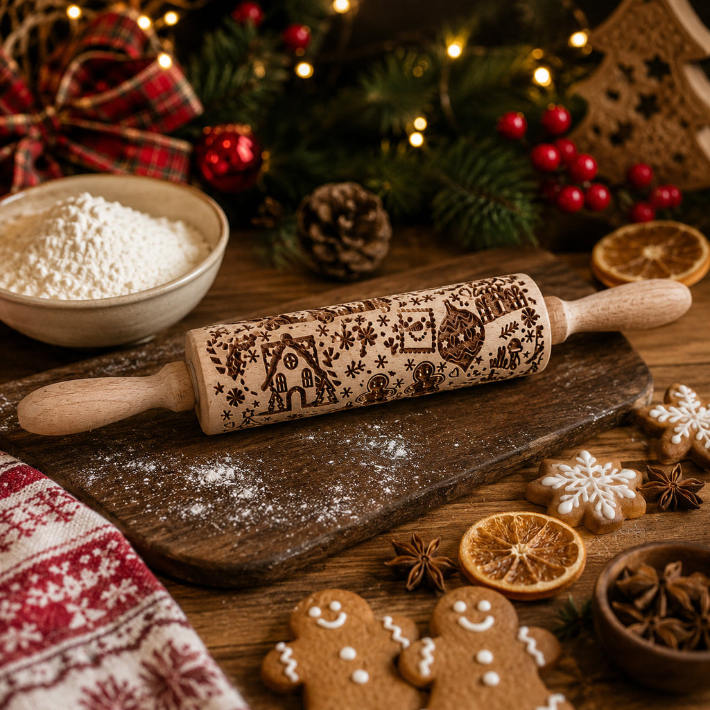 Handmade Wooden Embossed Christmas Rolling Pin Set — Select Your Style & Size