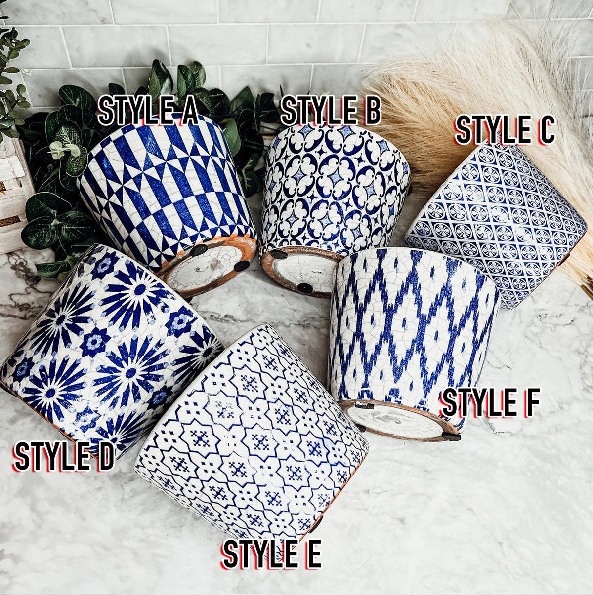 Handmade Rustic Blue & White Patterned Terracotta Pot with Crackle Finish — Select Your Design