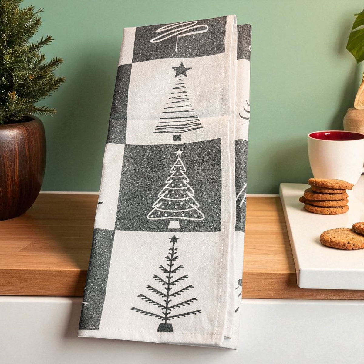 Hand-Drawn Christmas Tree Block Pattern Kitchen Towel
