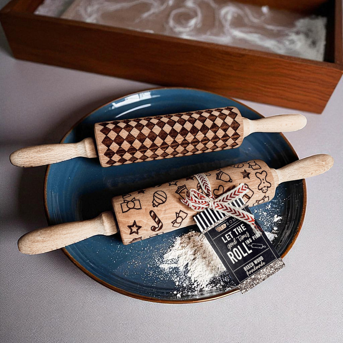 Handmade Wooden Embossed Courtly Check Rolling Pin — Select Your Style & Size