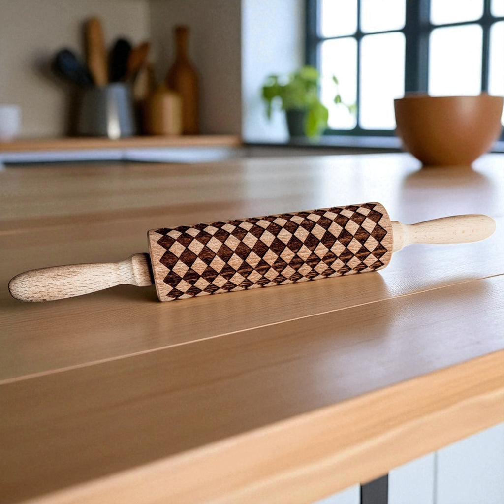 Handmade Wooden Embossed Courtly Check Rolling Pin — Select Your Style & Size