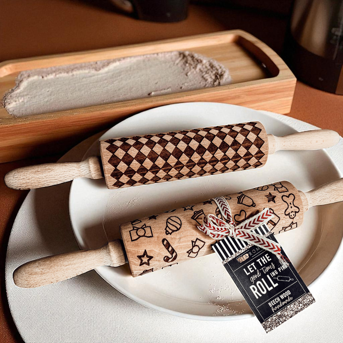 Handmade Wooden Embossed Courtly Check Rolling Pin — Select Your Style & Size